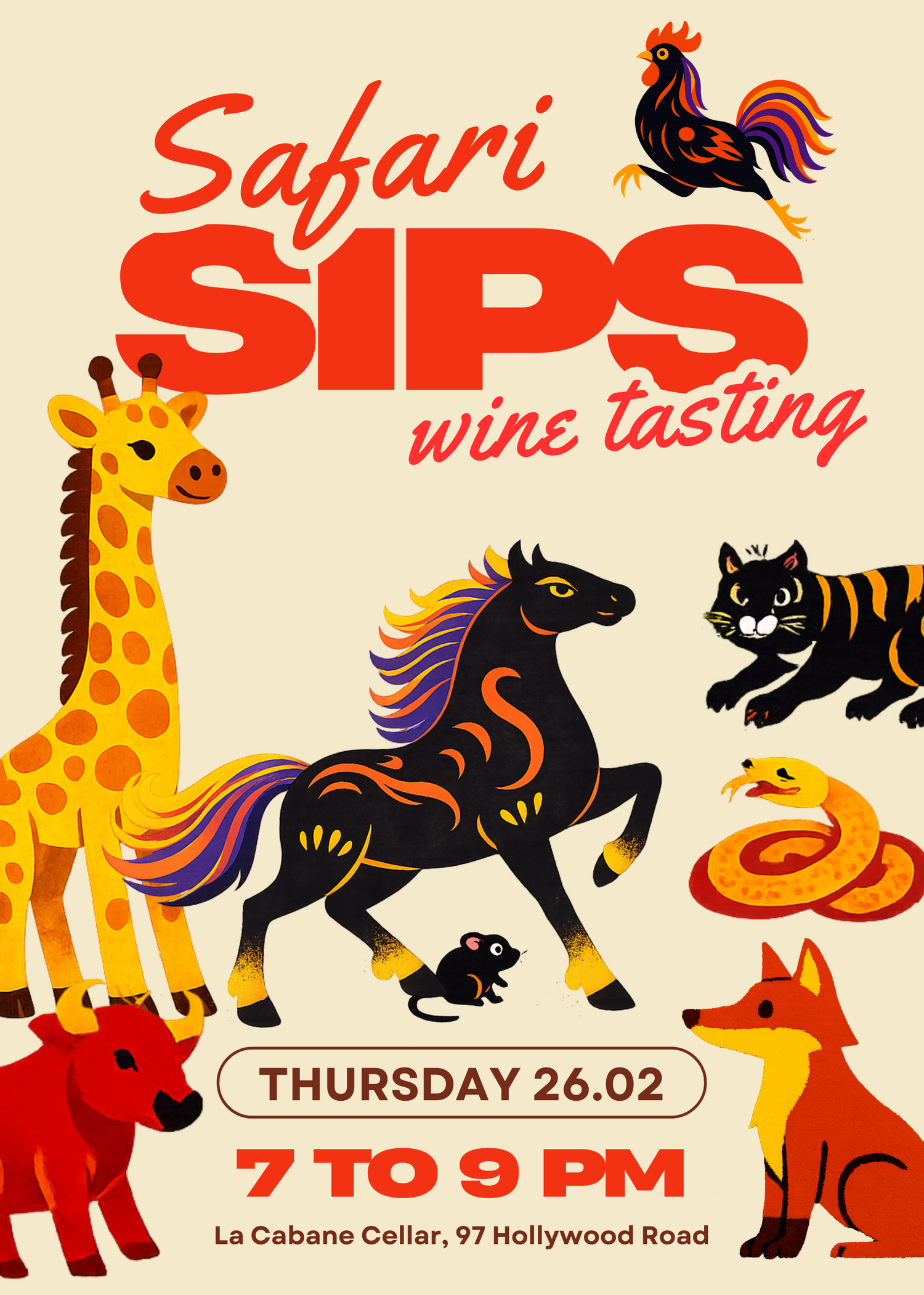 Promotional poster for Safari Sips wine tasting event with cartoon animals on a beige background.