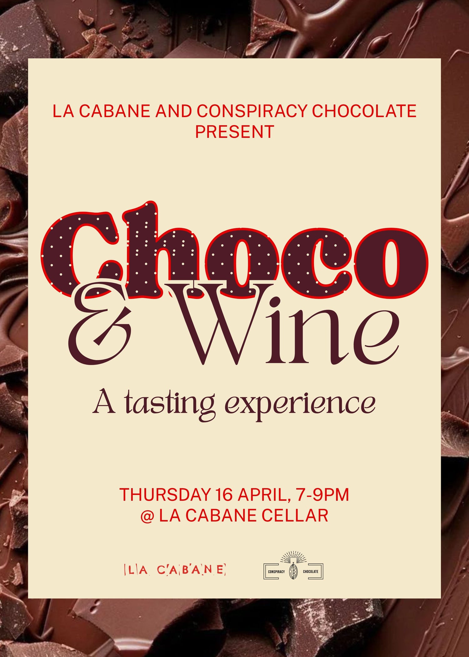 Promotional poster for a 'Choco & Wine' tasting experience with chocolate pieces around.